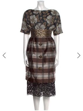 Antonio Marras Brown Floral, Plaid & Leopard-Mix Midi Dress with Black Lace